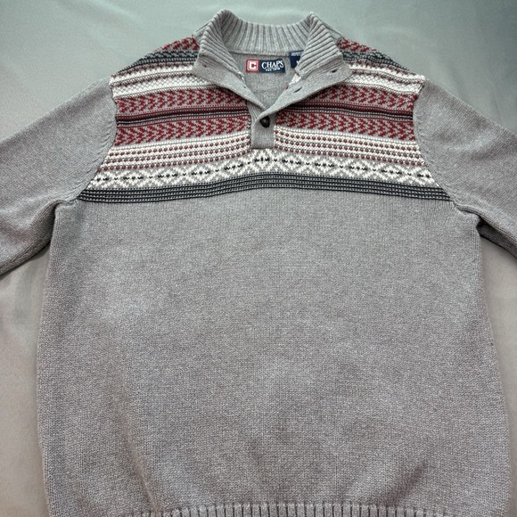 Chaps‎ Sweater Men's Medium Gray Red Henley Heavy Knit Holiday Fair Isle Nordic - Picture 4 of 11